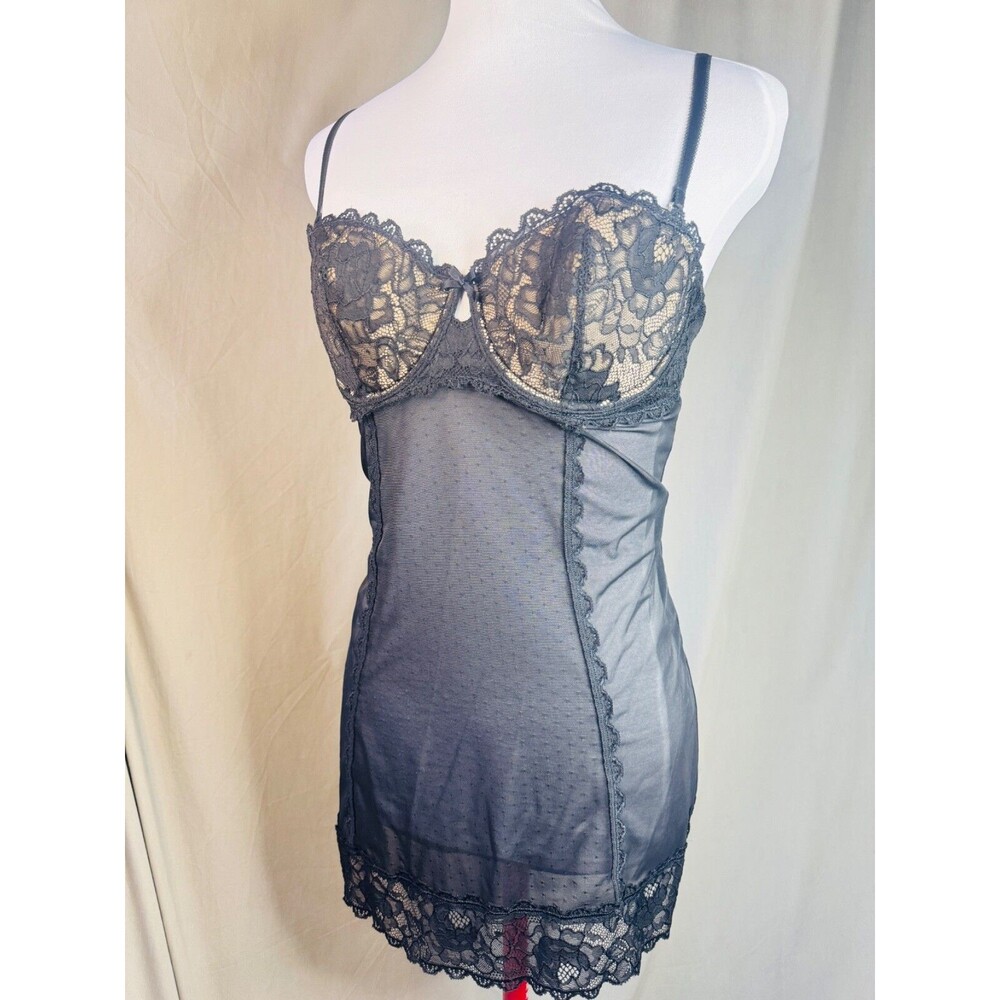 Vintage Victoria's Secret Very Sexy Black Cream Slip Dress Garter Lingerie 36C